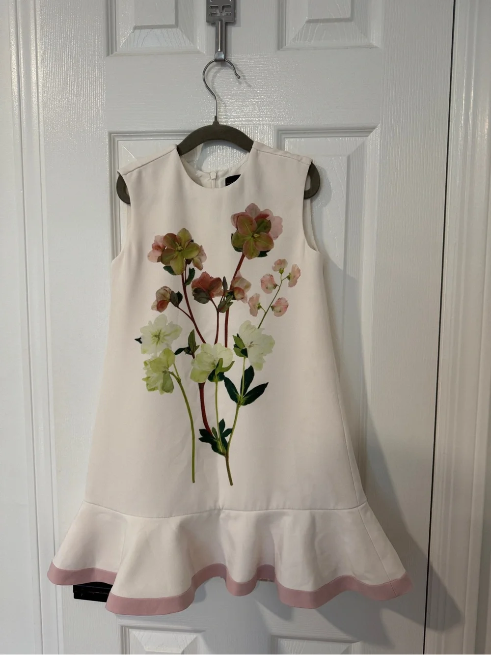 Victoria Beckham for Target White Floral Ruffle Hem Dress with Pink Trim